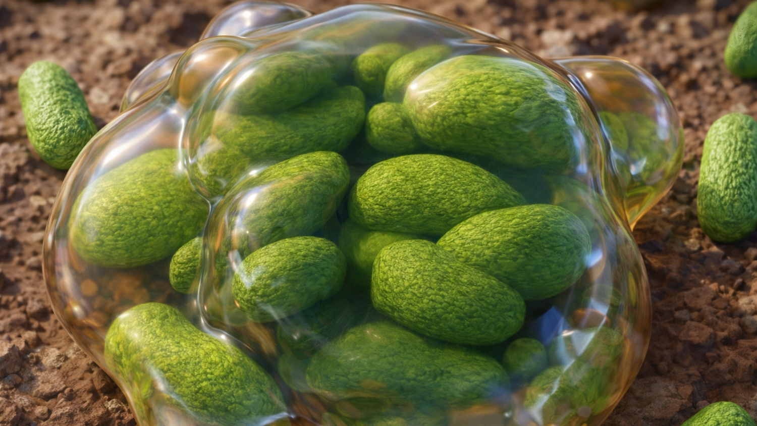 Unheimliche Begegnung: Künstlerische Darstellung von Bakterien in einem Biofilm.