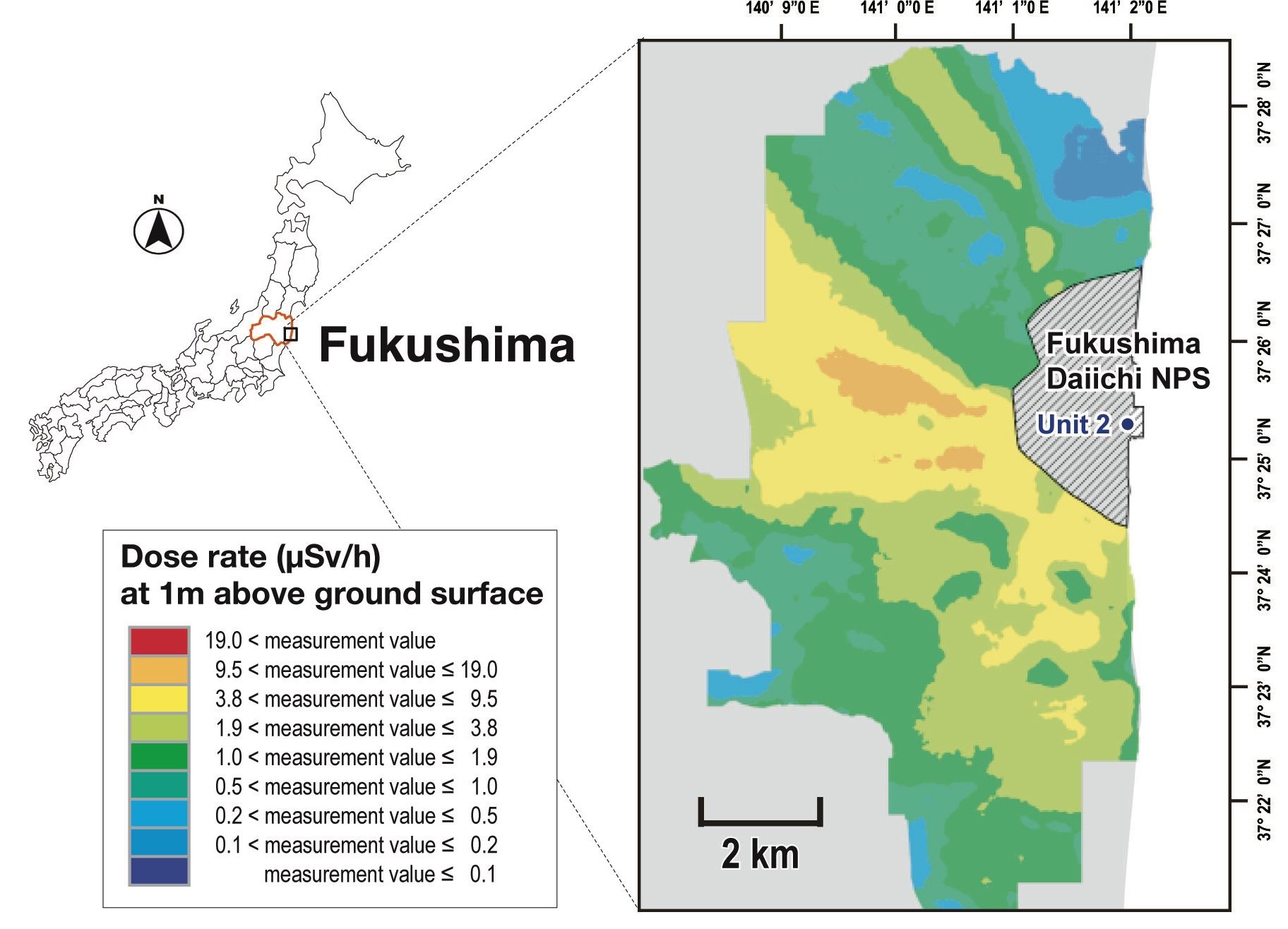 Lebensraum für mysteriöse Bakterien: Strahlenbelastung rund um das Atomkraftwerk Fukushima im Jahr 2019.