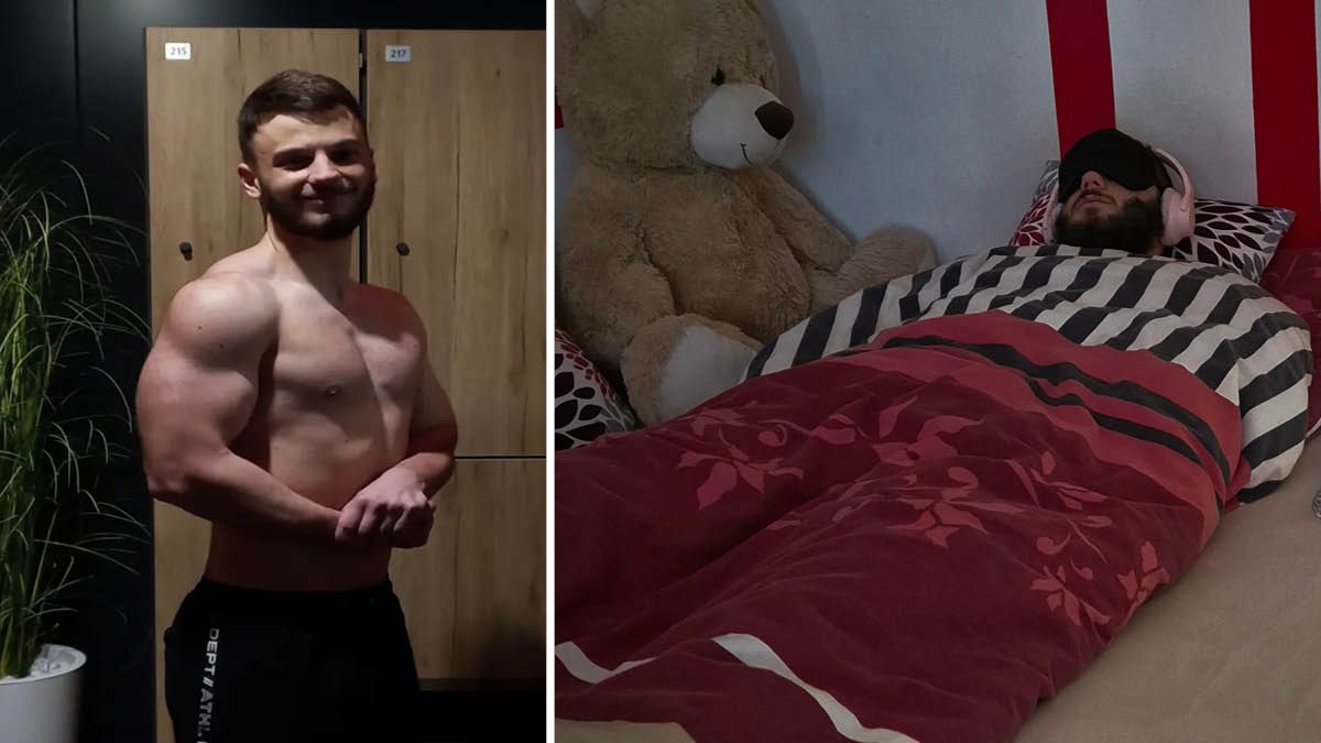 Der 21-Jährige Samuel ist schwer an ME/CFS erkrankt. Links: So sah er vor der schrecklichen Krankheit aus, Rechts: Er liegt im Bett, hat Kopfhörer auf, um keine Geräusche von außen zu hören, hat auch die Augen verdeckt.