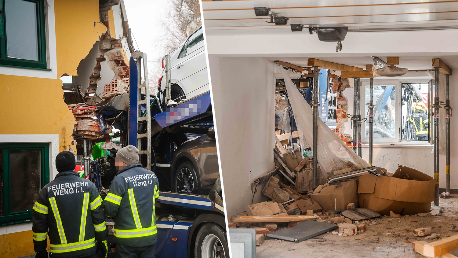 Der Lkw krachte in Weng im Innkreis (Bez. Braunau) in ein Einfamilienhaus.