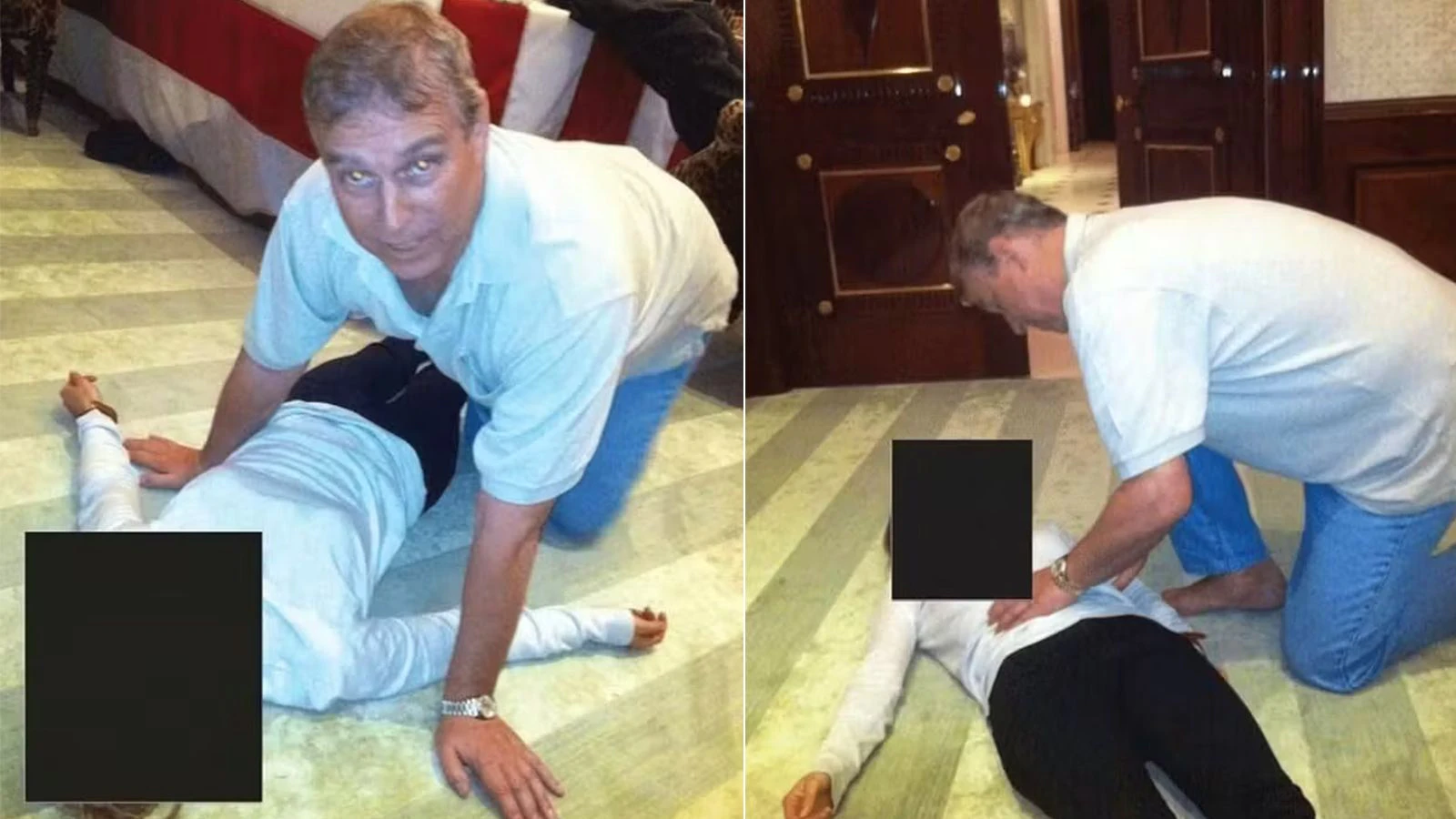 Fotos aus den Epstein-Akten zeigen Prinz Andrew über den Körper einer jungen Frau gebeugt.