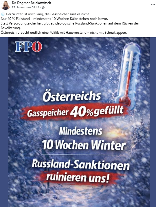 Dagmar Belakowitsch insinuiert, dass die Gas-Versorgung der Bevölkerung gefährdet wäre. Ist sie nicht.