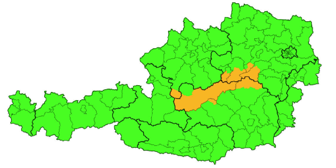Die Unwetterwarnungen für Österreich am Dienstag. Am Mittwoch kommen dann Regen und Schnee.