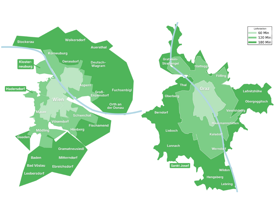 Die neuen Liefergebiete von Alfies rund um Wien und Graz.