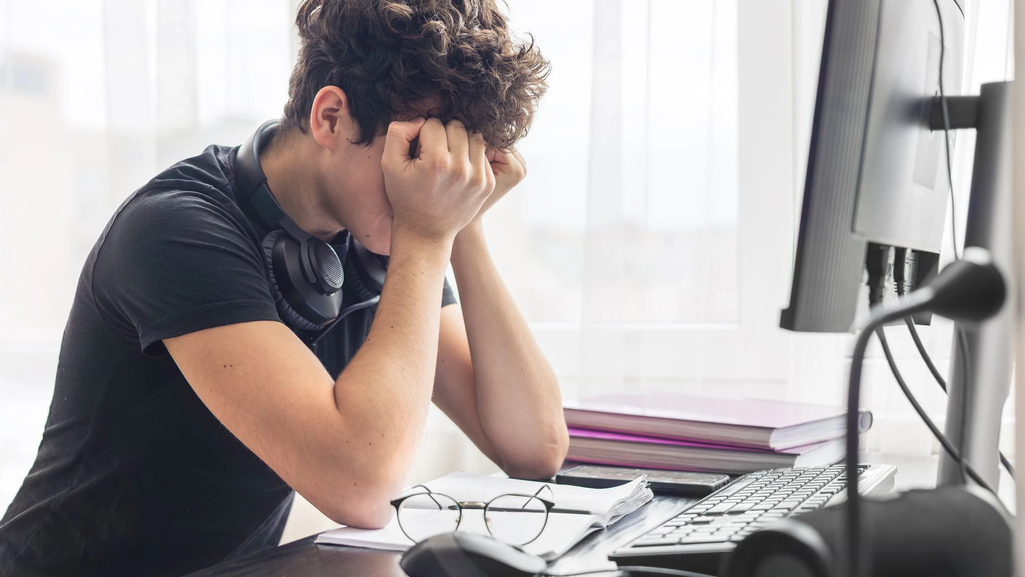 Stressed Out Student. Study Burnout. Overwhelmed. Anxiety. Mental Fatigue. onlinelearning. Overwhelmed Teenager Struggling with Studying and Exam Stress. Learning Difficulties, ADHD, Autism. Copyspace