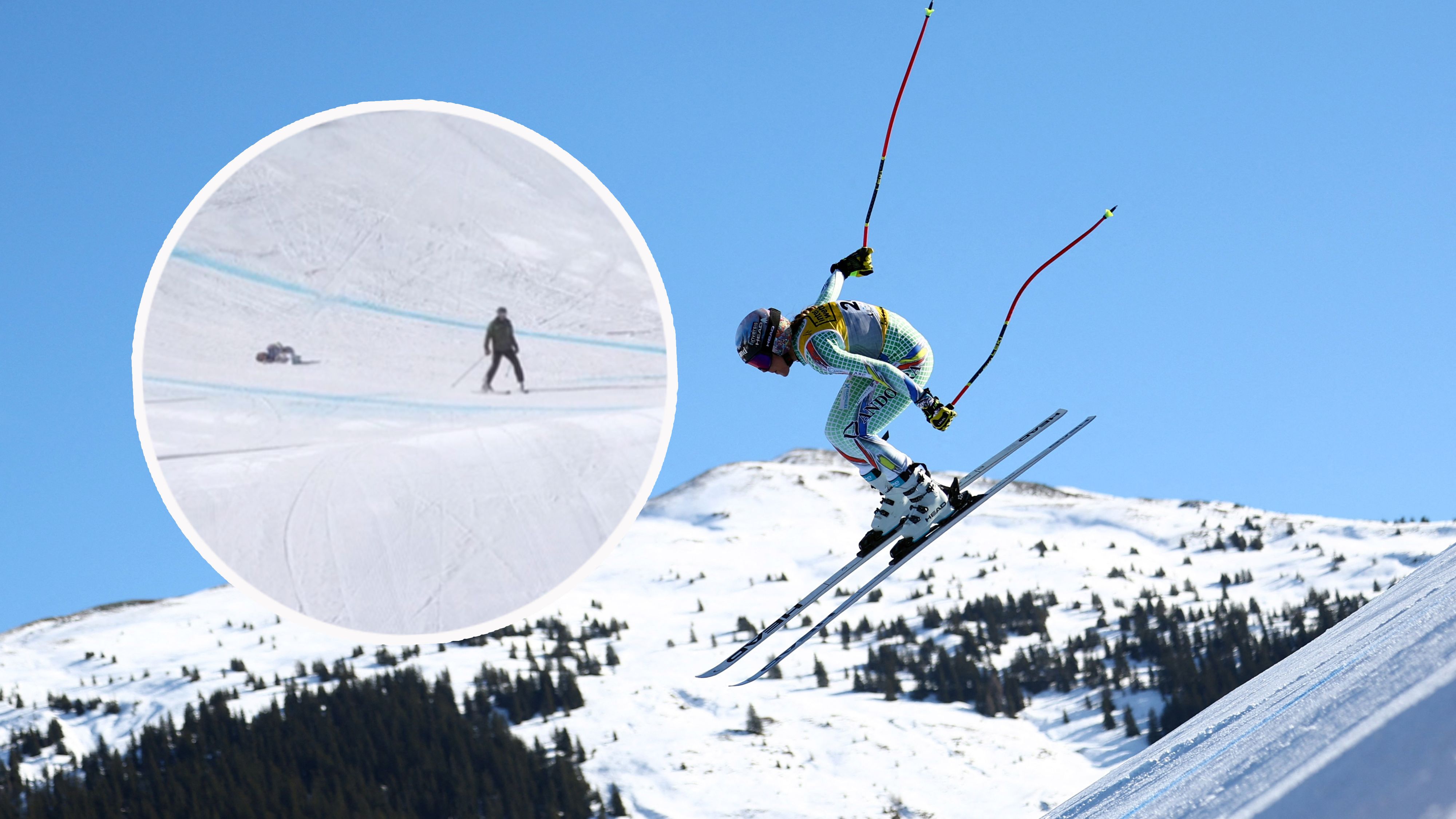Cande Moreno stürzt, der Pistenarbeiter setzt seinen Rutschdienst fort.