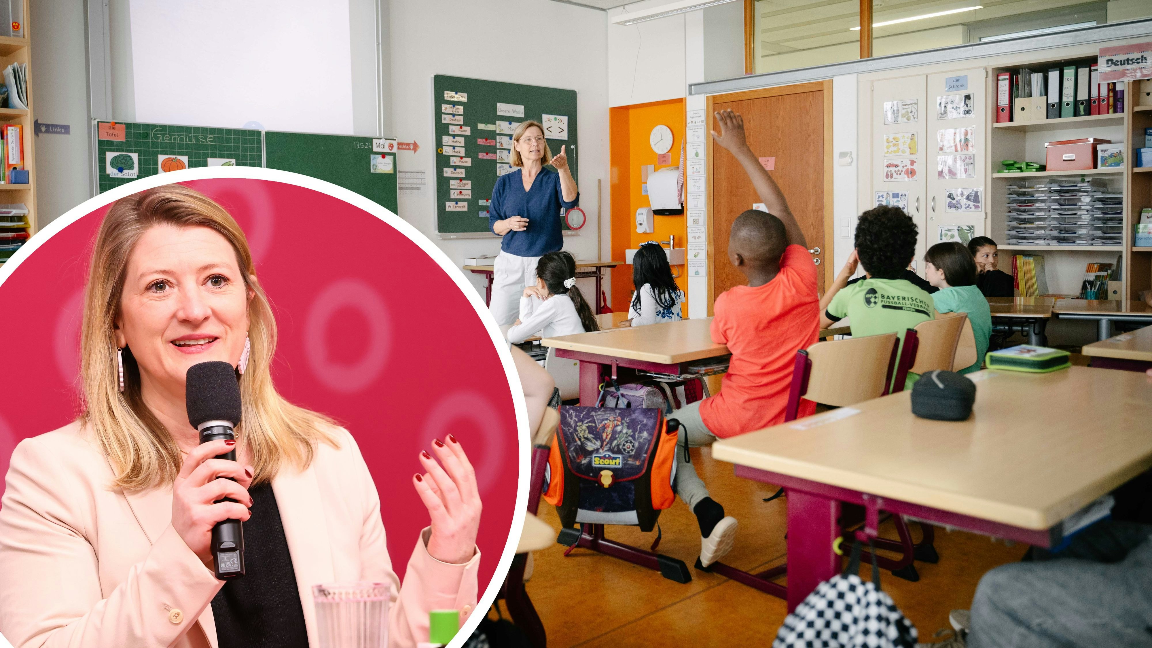 Download von www.picturedesk.com am 27.08.2024 (14:27).  Lehrerin Susanne Kirchner nimmt am Montag, den 13. Mai 2024 mit Sch¸lern der europ‰ischen Klasse die Geschichte vom Rumpelstilzchen in der Erich K‰stner Schule in Hˆhenkirchen-Siegertsbrunn (Oberbayern) durch. - 20240513_PD17478 - Rechteinfo: Rights Managed (RM)