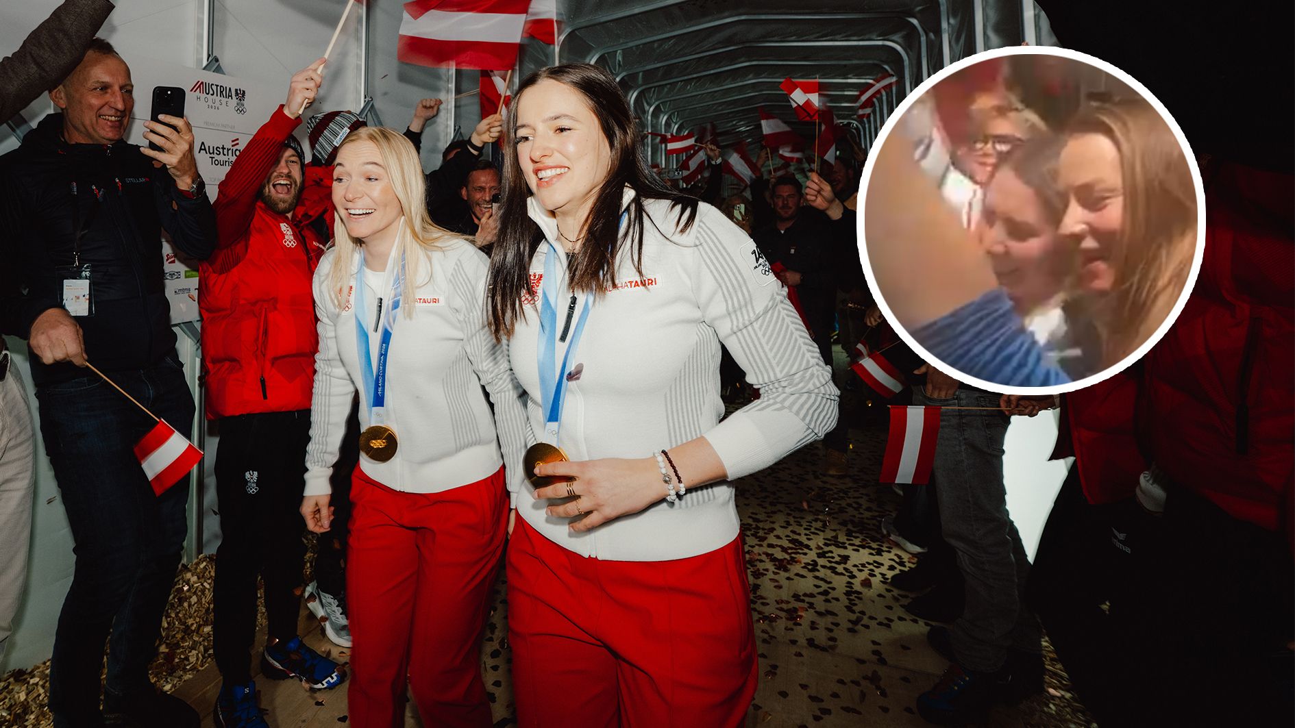 Tina Maze (r.) bei der Medaillen-Feier