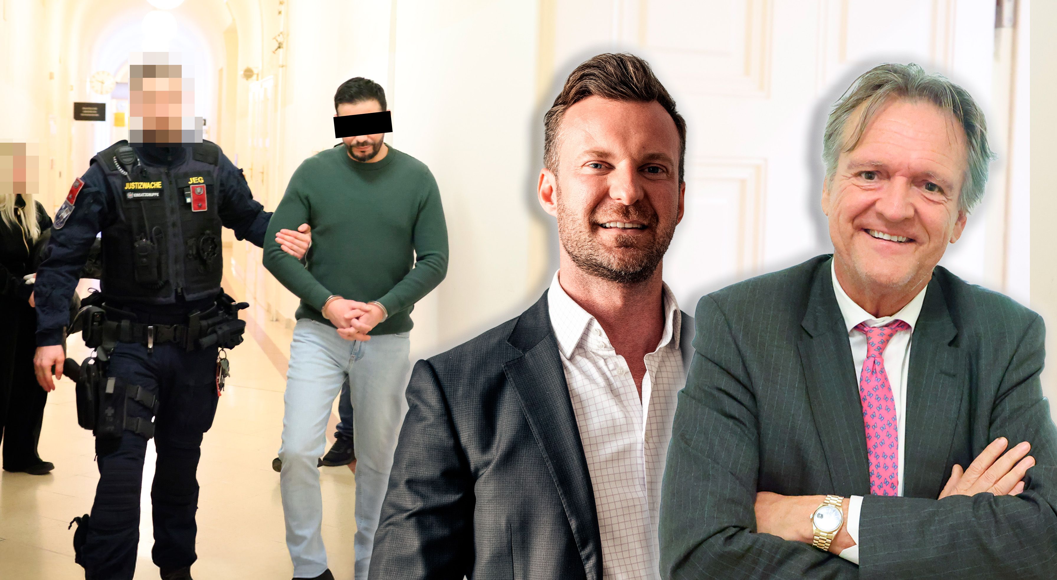 Der Angeklagte wurde in Handschellen vorgeführt, Top-Verteidiger Philipp Wolm und Christian Werner vertraten.