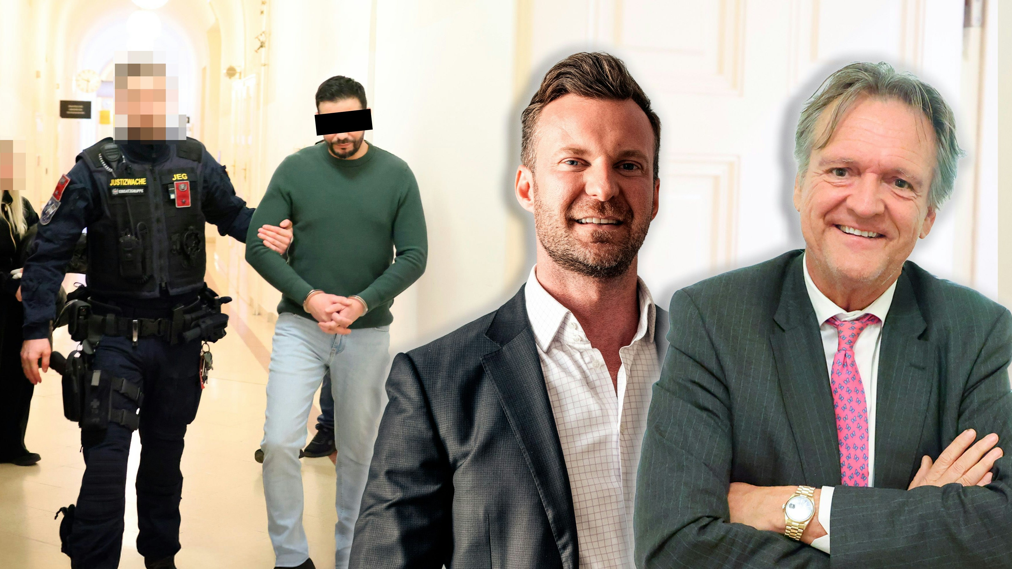 Der Angeklagte wurde in Handschellen vorgeführt, Top-Verteidiger Philipp Wolm und Christian Werner vertraten.