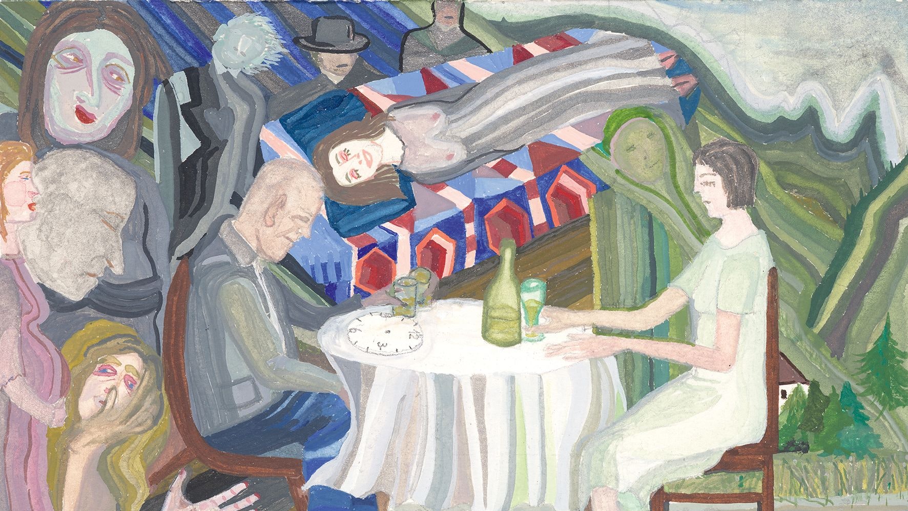 Friedl Kubelka ist selbst ausgebildete Psychoanalytikerin. In ihren Malereien greift sie gern die menschliche Psyche und deren Abgründe auf. Dieses Bild trägt den Titel „Ein Psychoanalytiker in den Ferien“.