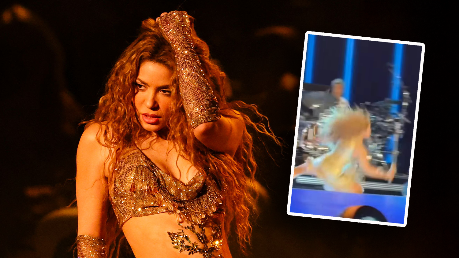 Shakira stürzt und schlägt auf dem Boden auf.