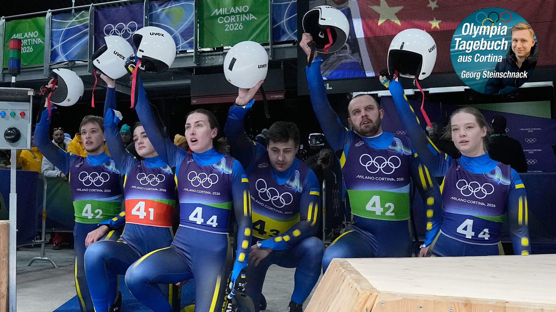 Die ukrainische Rodel-Staffel solidarisierte sich mit Vladyslav Heraskevych und protestierte still.