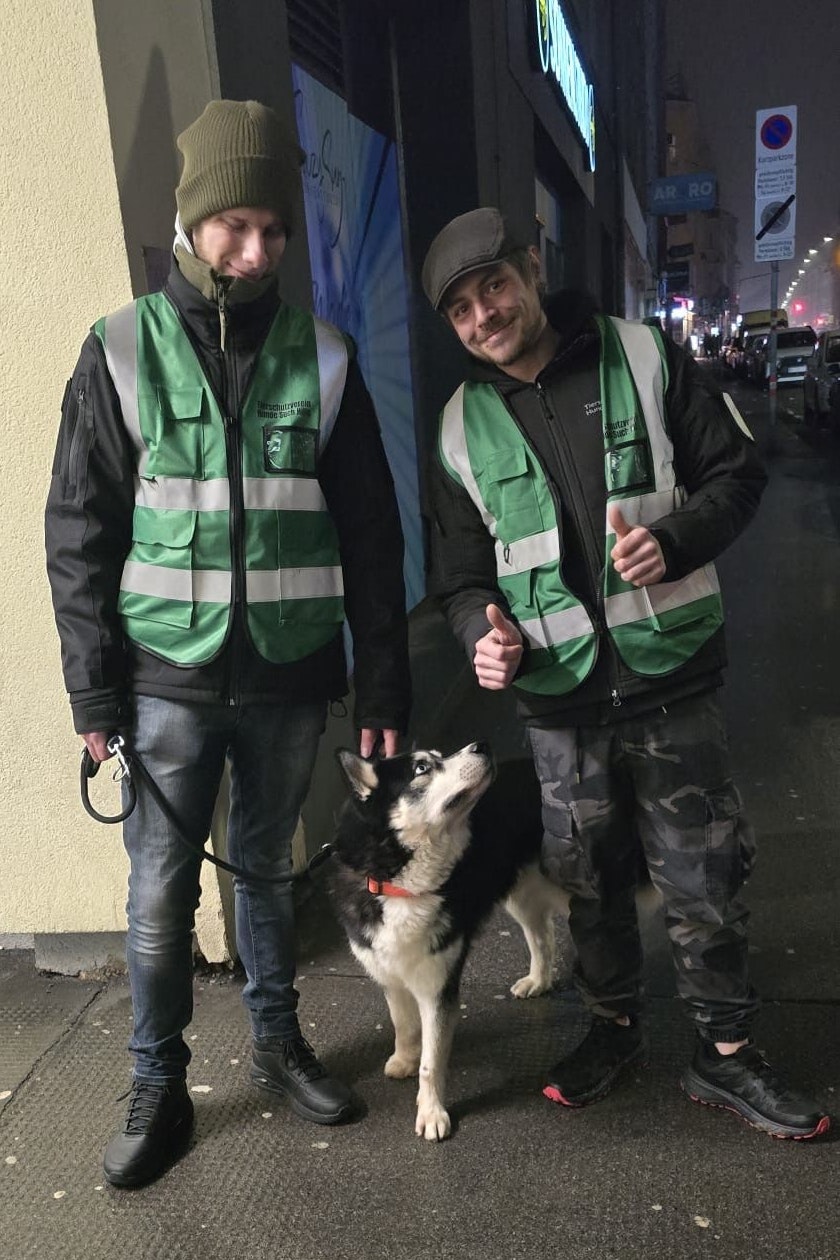 Zwei Mitarbeiter der Hunde-Such-Hilfe nach der geglückten Rettung des Huskys