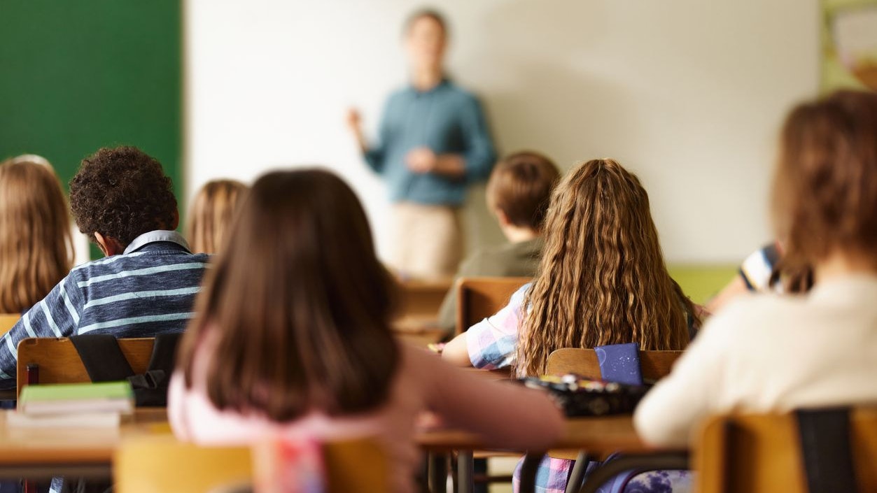 Rear view of elementary students having a class in the classroom. Copy space.