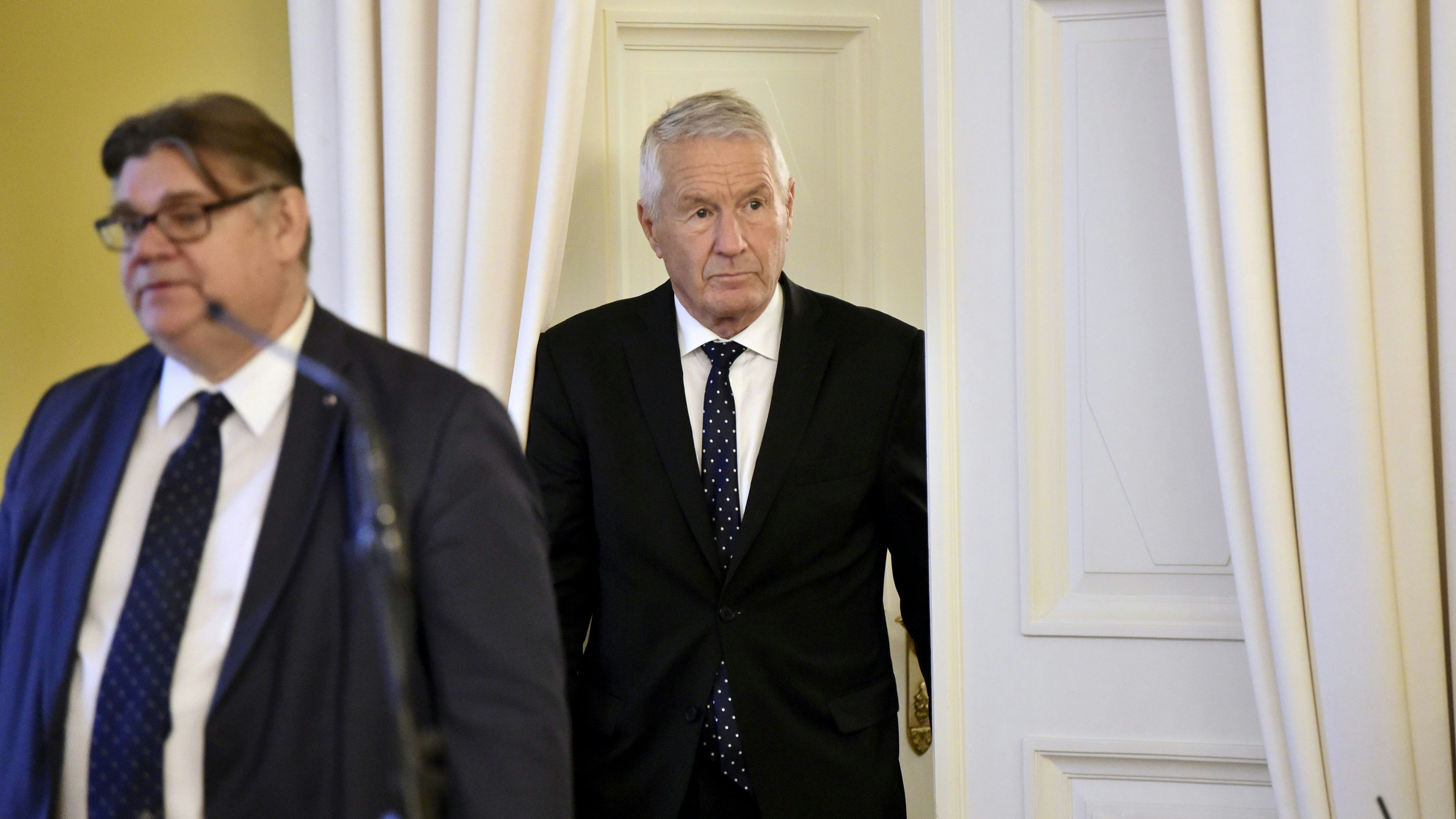 Secretary-General of the Council of Europe Thorbjorn Jagland and Finnish Foreign Minister Timo Soini arrive for their joint news conference in Helsinki, November 8, 2018. Lehtikuva/Antti Aimo-Koivisto via REUTERS        ATTENTION EDITORS - THIS IMAGE WAS PROVIDED BY A THIRD PARTY. NO THIRD PARTY SALES. NOT FOR USE BY REUTERS THIRD PARTY DISTRIBUTORS. FINLAND OUT. NO COMMERCIAL OR EDITORIAL SALES IN FINLAND.