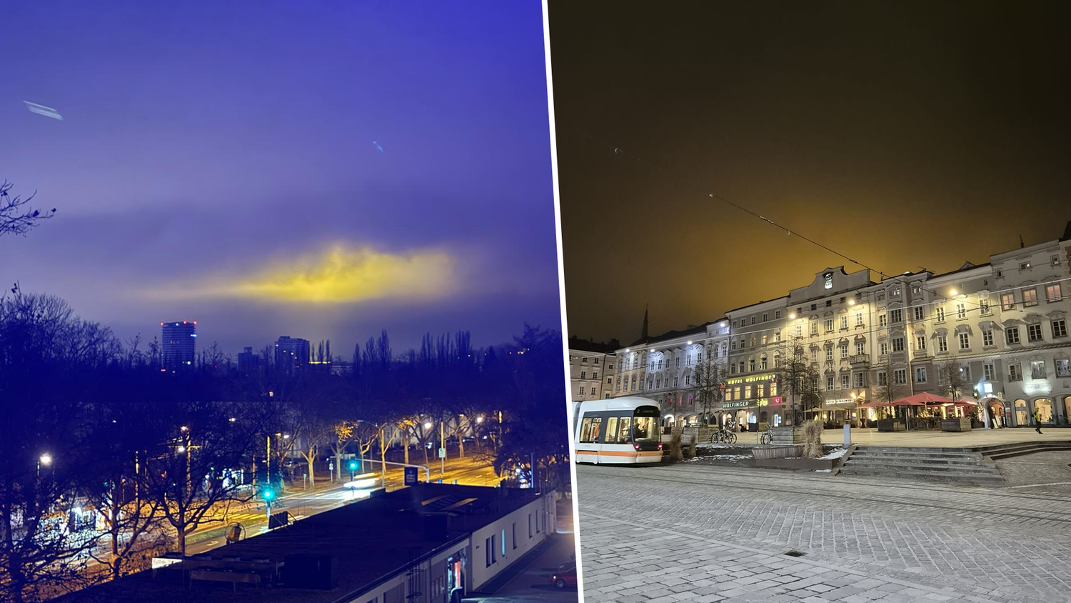 Keine kuriose Wetter-Anomalie, sondern die Rasen-Beleuchtung vom LASK-Stadion auf der Gugl.