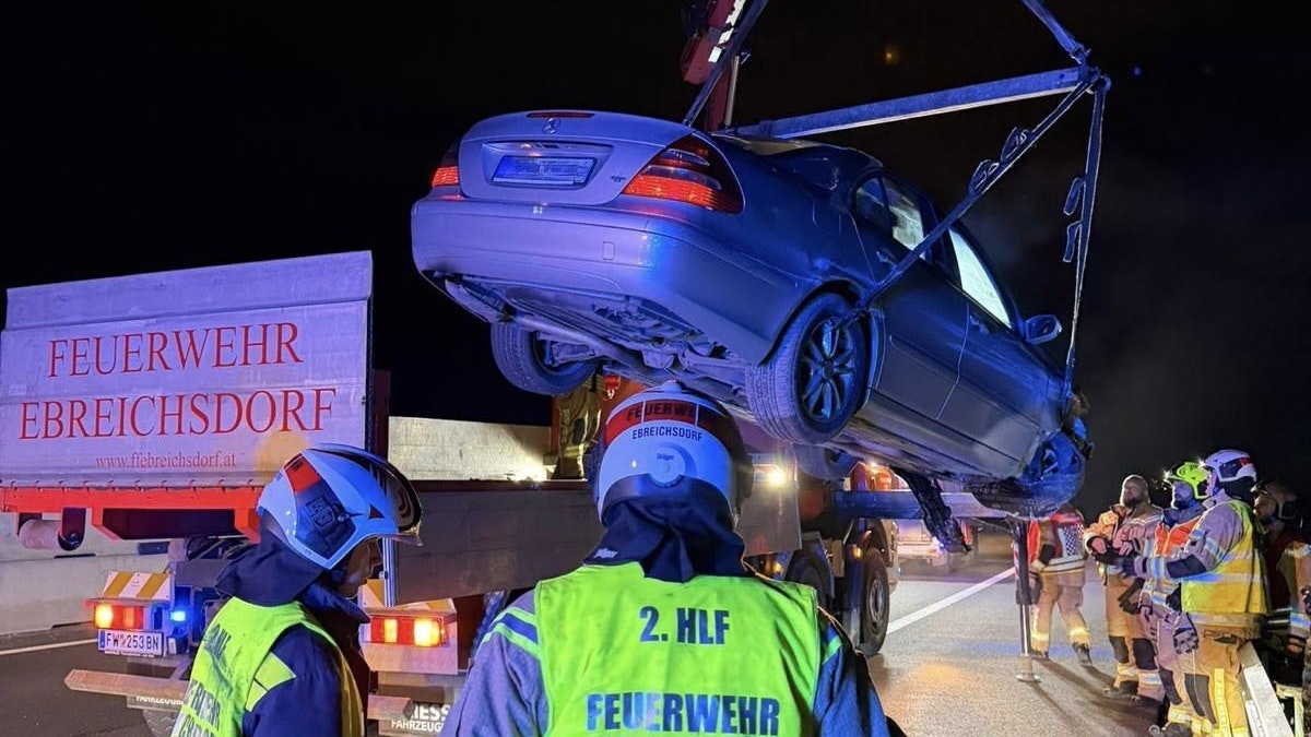 Die Feuerwehr Ebreichsdorf barg das beschädigte Fahrzeug mittels Kran und band ausgelaufene Betriebsmittel, bevor die Einsatzstelle wieder freigegeben werden konnte.