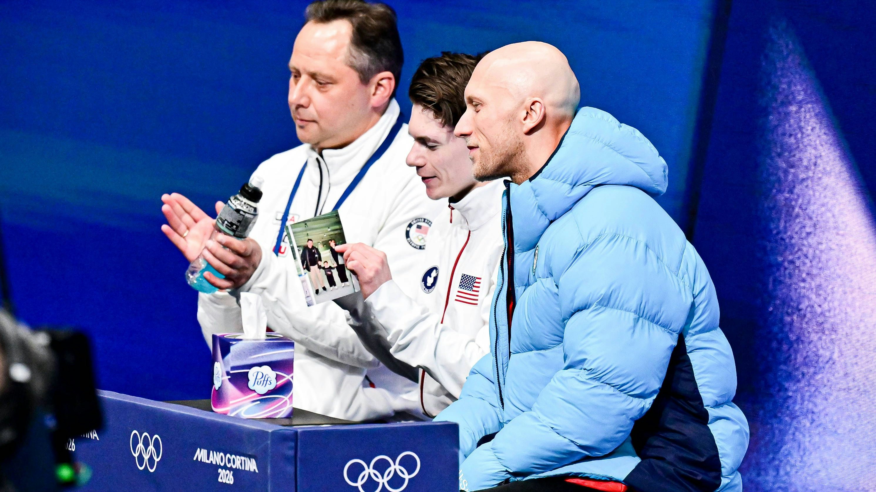 Maxim NAUMOV USA, at Kiss & Cry, with his coaches RICHAUD Benoit & PETRENKO Vladimir, during Men Single Skating Short Program, at the Olympic Winter games, Winterspiele,Spiele, Summer games Milano Cortina 2026, at Milano Ice Skating Arena, on February 10, 2026 in Milan, Italy. Noxthirdxpartyxsales PUBLICATIONxNOTxINxJPN aflo_319245626