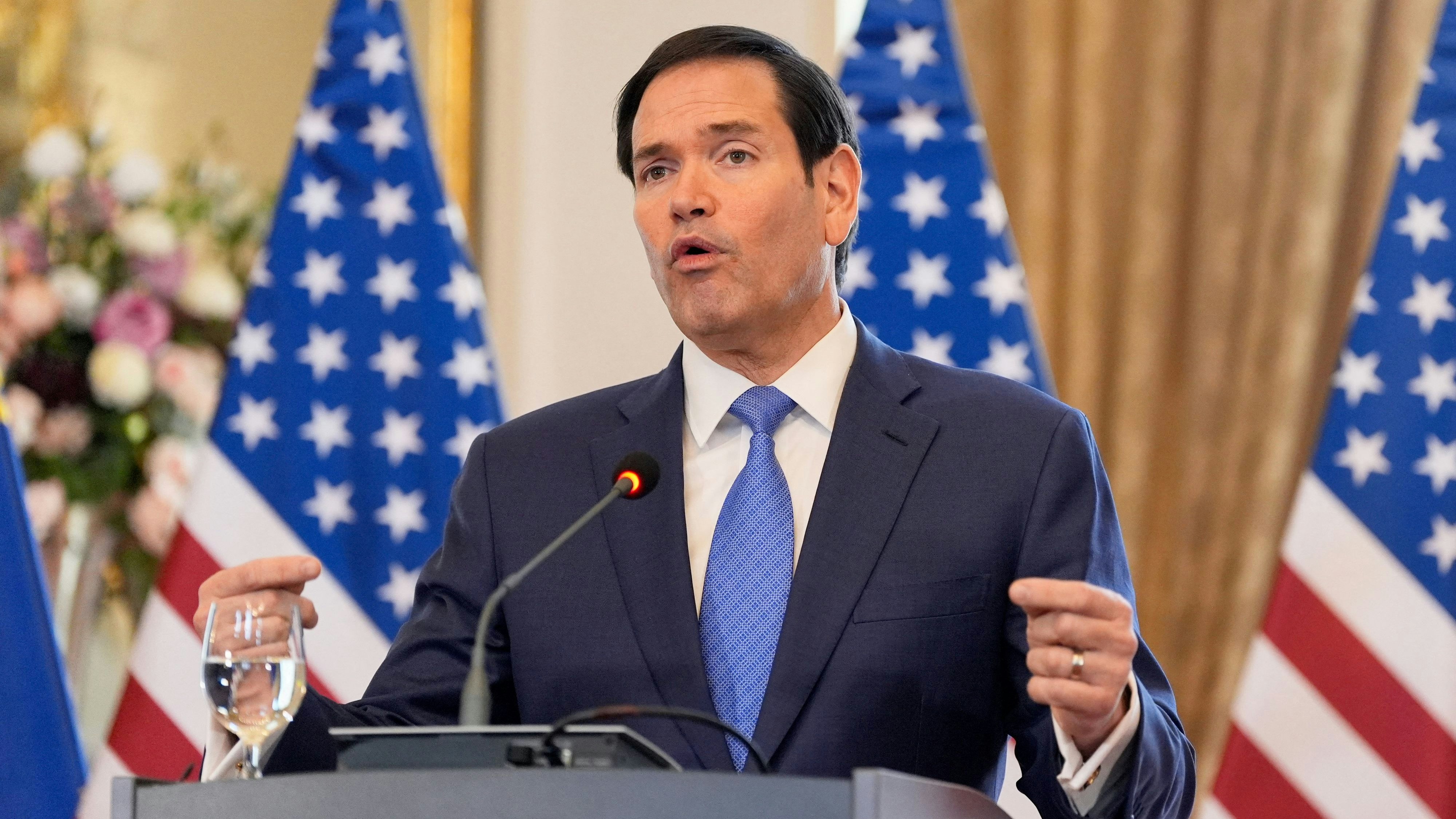 U.S. Secretary of State Marco Rubio speaks during a joint press conference with Slovakia's Prime Minister Robert Fico (not pictured), in Bratislava, Slovakia, Sunday, Feb. 15, 2026.     Alex Brandon/Pool via REUTERS