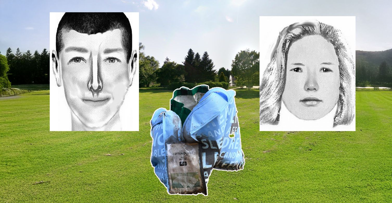 In dieser blauen Tasche wurde der tote Säugling entdeckt – die Polizei sucht das Paar auf den Phantombildern.