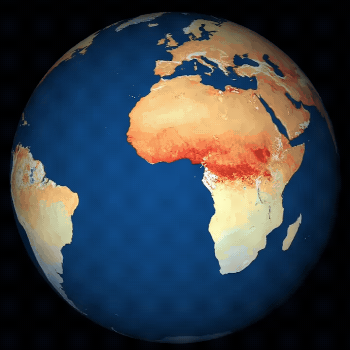 Die Animation zeigt die globale Methan-Verteilung an Land 2024 von 1800 ppb (blau) bis 1960 ppb (rot)