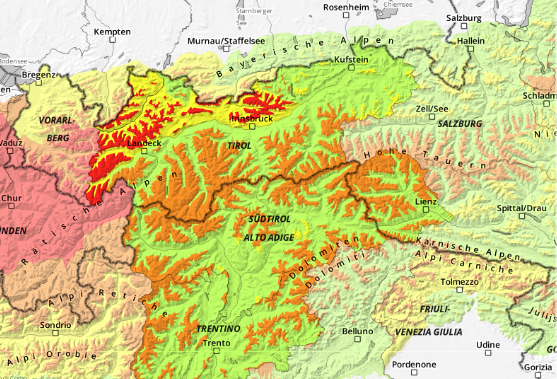 Die globale Erderwärmung verstärkt die Lawinengefahr auch in Tirol. Orange Markierung: 