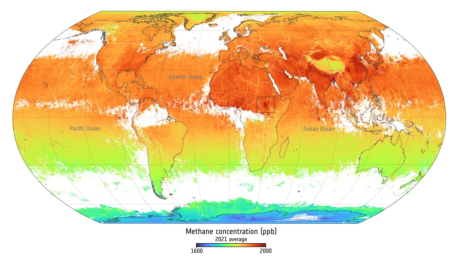 Die globale atmosphärische Methankonzentration im Jahr 2021: Die dunkelroten Bereiche weisen mit etwa 1900 Teilen pro Milliarde (ppb) die höchsten Methankonzentrationen auf, die blauen Bereiche eine geringere von etwa 1700 ppb.