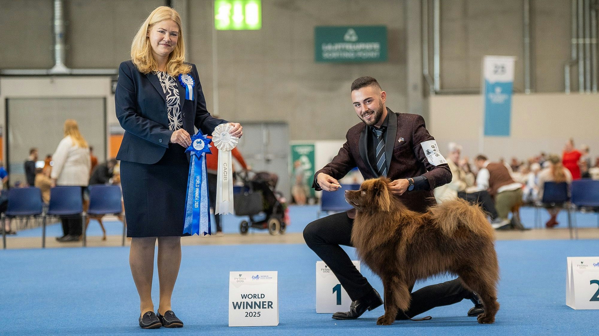 Bei der "World Dog Show 2025" in Helsinki (v.l.n.r.): Schiedsrichterin Tanja Backes und Iri-Hor mit "Doghandler" Dragan Tucakov.