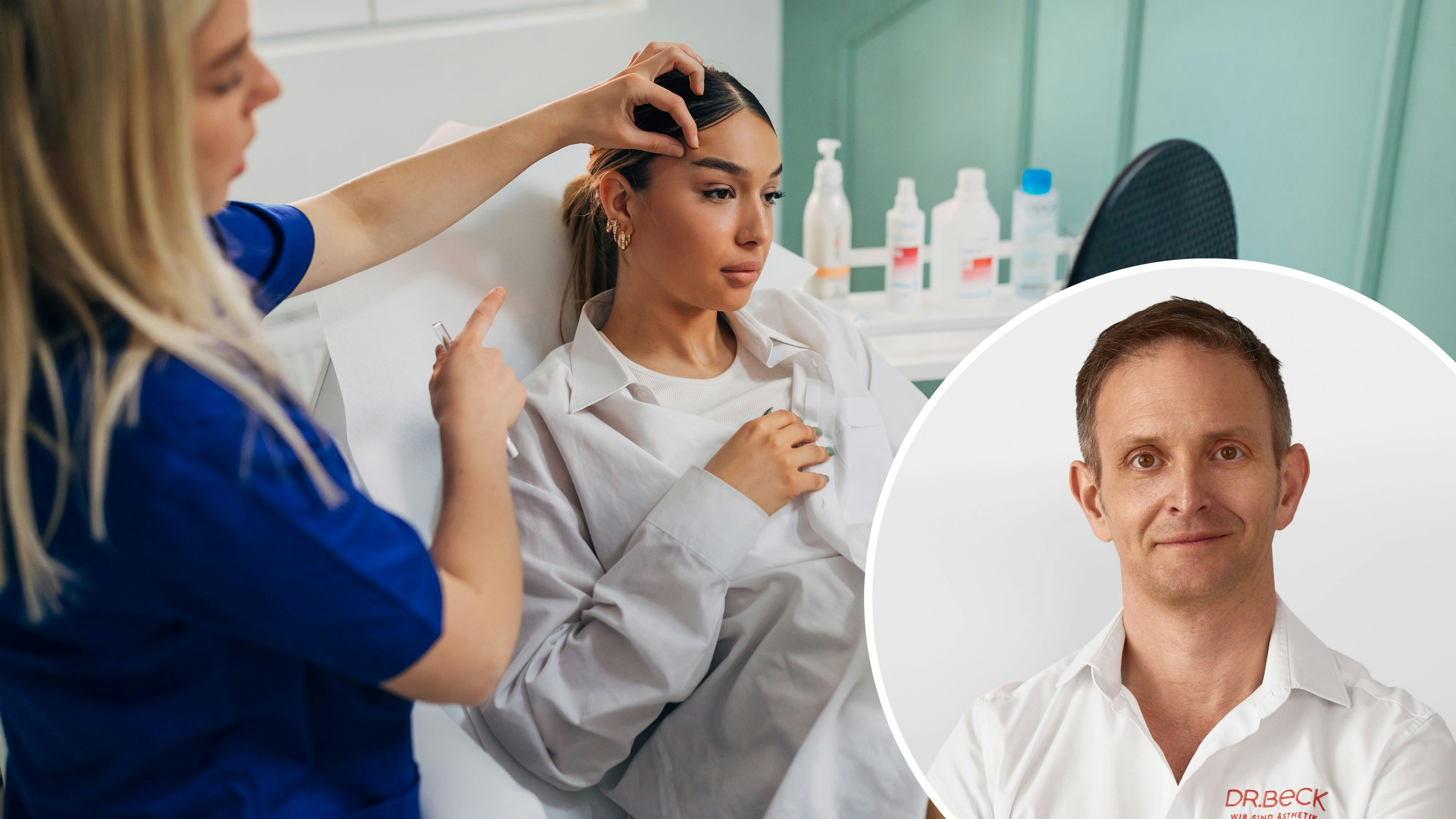Skilled female plastic surgeon and dermatologist, doing the brow lift procedure on the young female client, while using the botox fillers, in her modern ordination
