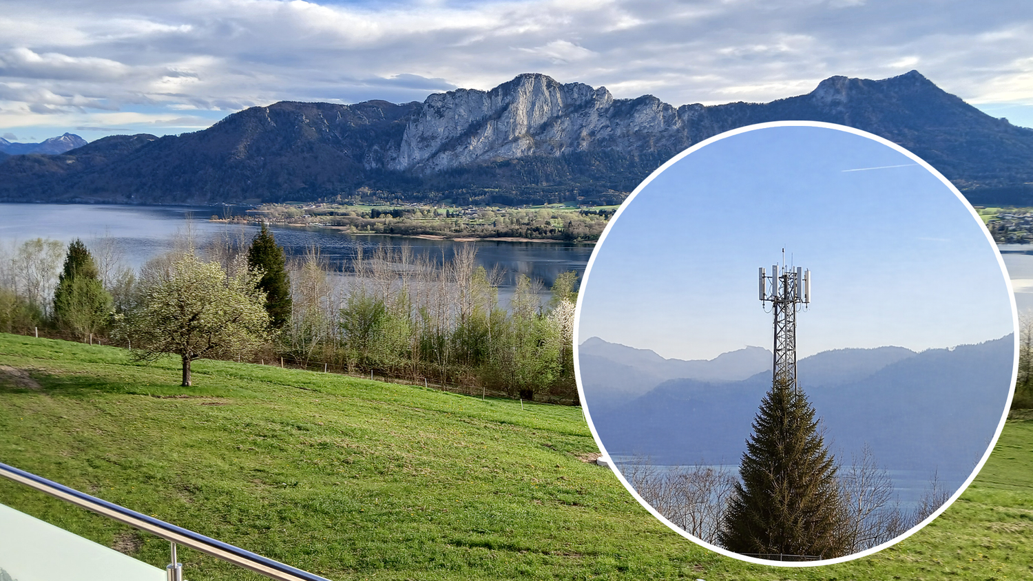 Die Anrainer fürchten um ihren malerischen Ausblick auf den Mondsee. Ein Betroffener versucht mit einem KI-generierten Bild des Mastes zu zeigen, welche Auswirkungen der Bau haben könnte.