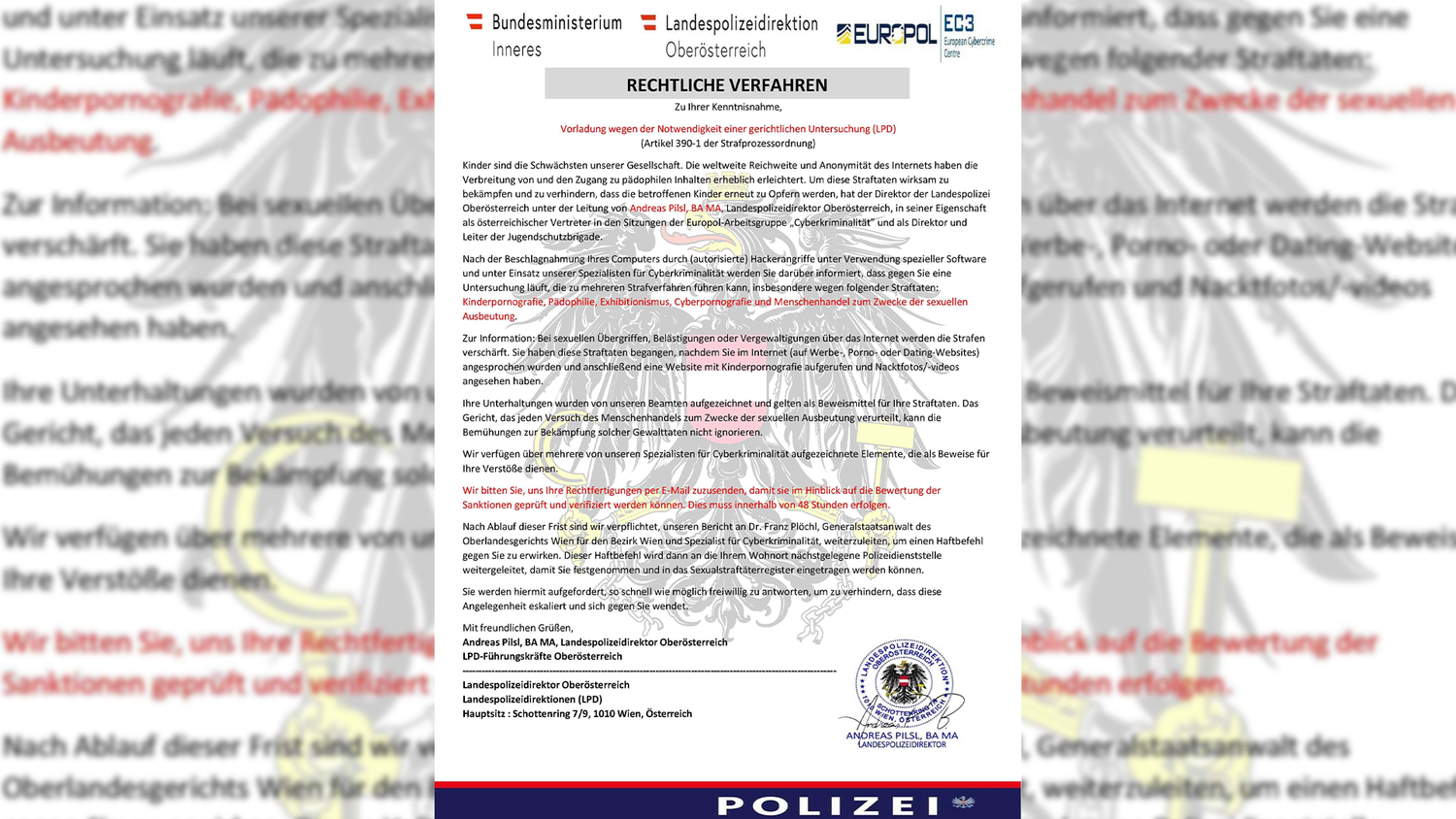 Diese "dringende Vorladung" erhielt ein Oberösterreicher Mitte Februar. Angeblicher Absender: Landespolizeidirektor Andreas Pilsl.