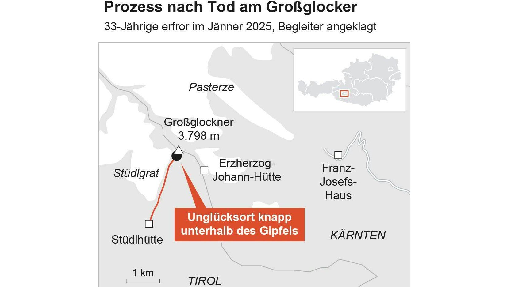 Die Grafik zeigt die Route des Paares über den Stüdlgrat auf den 3.798 Meter hohen Großglockner. Der markierte Unglücksort liegt knapp unterhalb des Gipfels, nahe der Erzherzog-Johann-Hütte (Adlersruhe). Ausgangspunkt der Tour war die Stüdlhütte in Tirol.