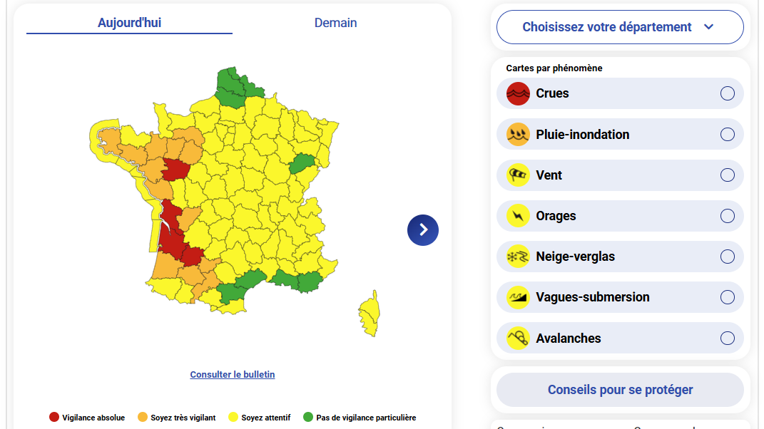 Die aktuellen Wetter-Warnungen für Frankreich.