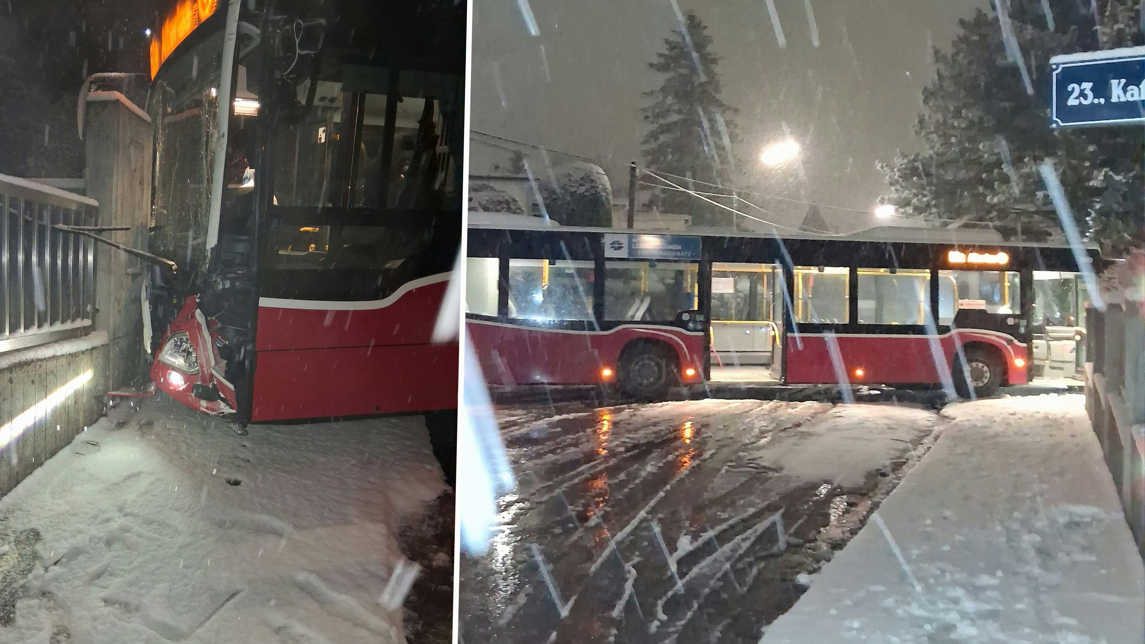 Heute.at - Verkehrs-Chaos nach Schnee-Walze! Bus rast in Mauer
