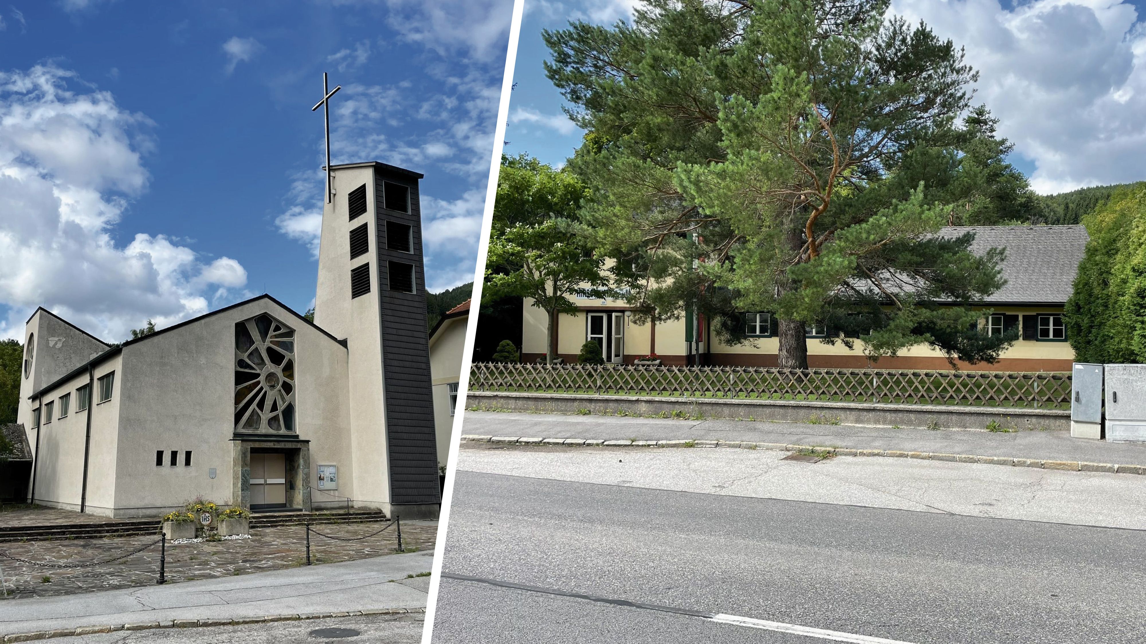 Die Filialkirche in Hirschwang (l.) und das ehemalige Pfarrheim (r.). 