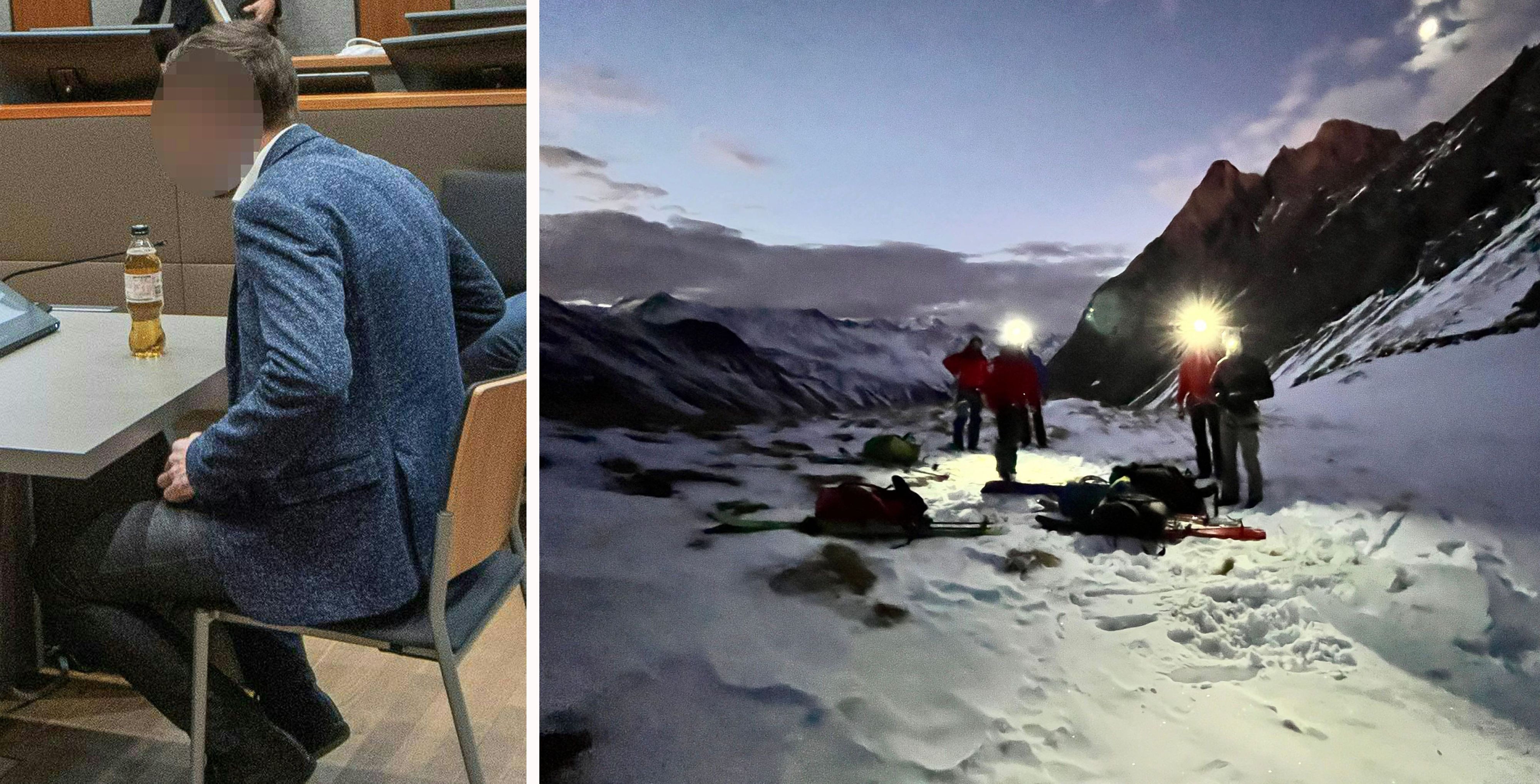 Links: Der Angeklagte im Landesgericht Innsbruck während seiner Befragung. Rechts: Bergretter beim Einsatz unterhalb des Großglockners.