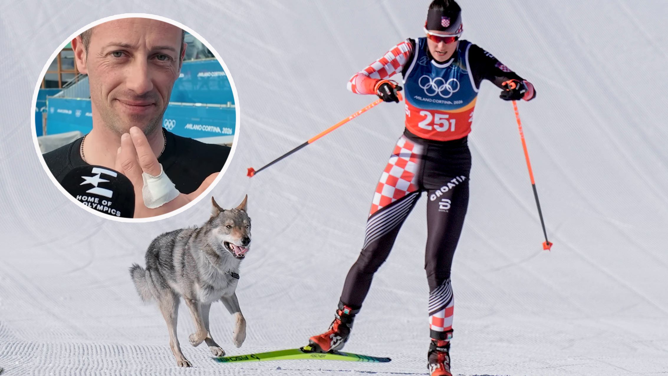 Der Hund im Langlauf-Zielsprint wurde zur Internet-Sensation. Jury-Mitglied Michel Rainer kümmerte sich aufopferungsvoll um sein Wohlergehen.