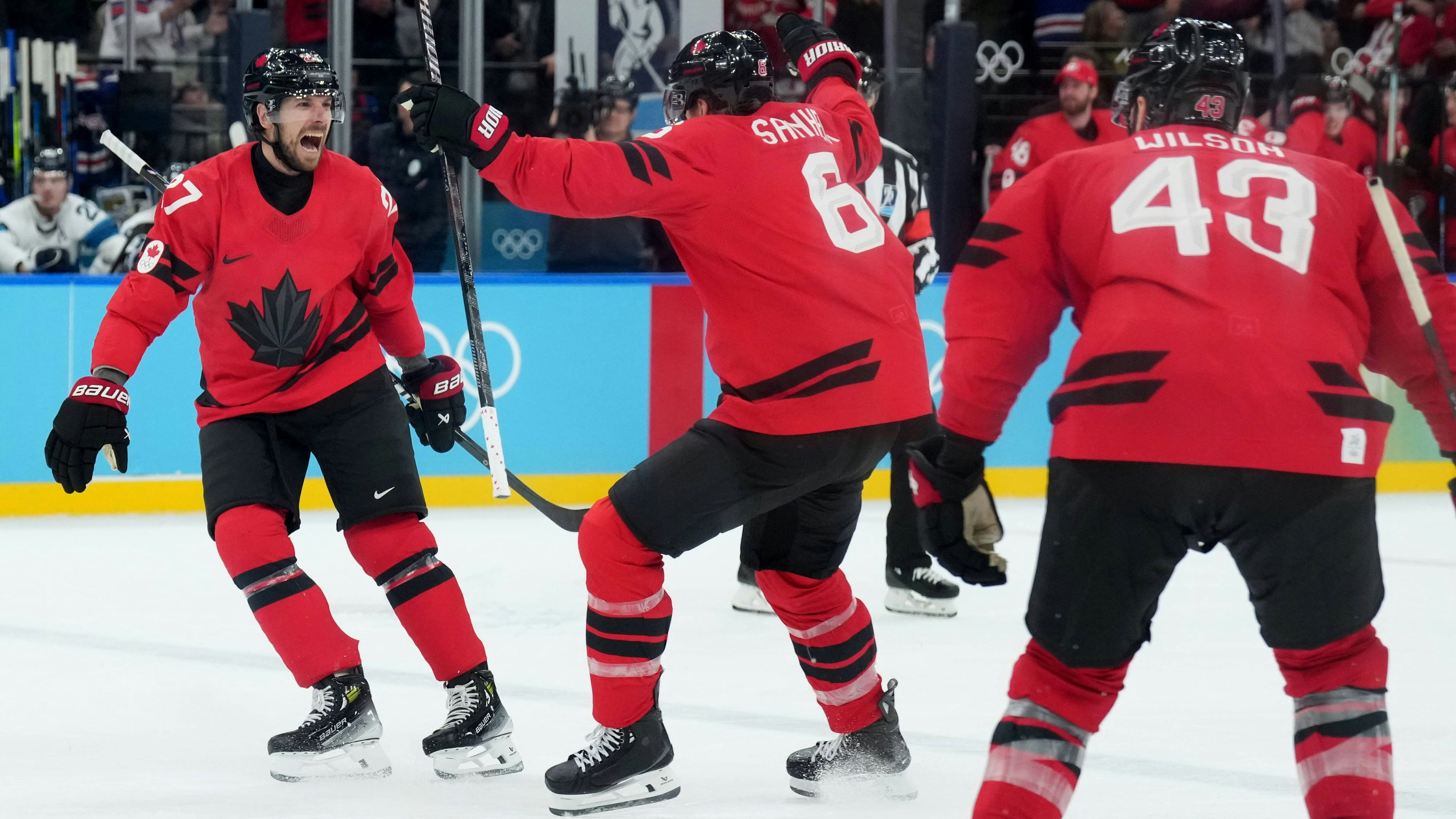 February 20, 2026, Milan, ITALY: Canada defenceman Shea Theodore 27 celebrates his goal with Canada defenceman Travis Sanheim 6 during third period men s Olympic semifinal hockey action against Finland at the 2026 Milan Cortina Winter Olympics in Milan, Italy on Friday, Feb. 20, 2026. Canada News - February 20, 2026 PUBLICATIONxINxGERxSUIxAUTxONLY - ZUMAc35_ 20260220_zaf_c35_067 Copyright: xNathanxDenettex