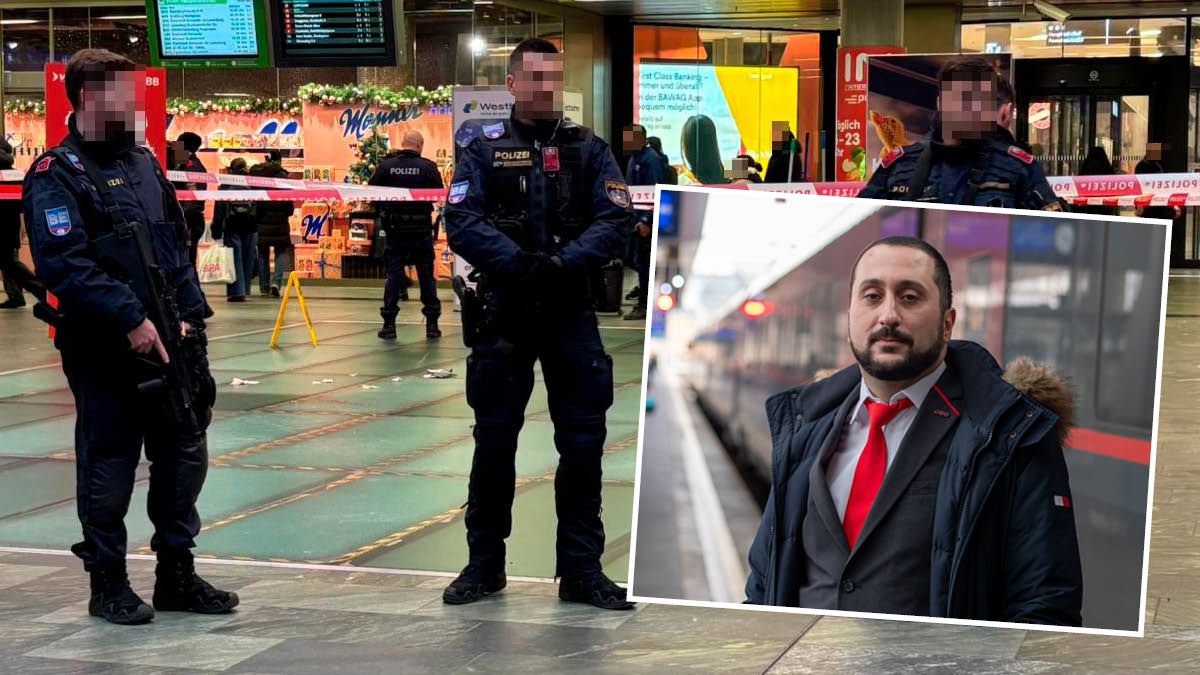Polizei am Wiener Hauptbahnhof, Schaffner Muhammed Bakir (kleines Foto) erlebte brutale Angriffe.