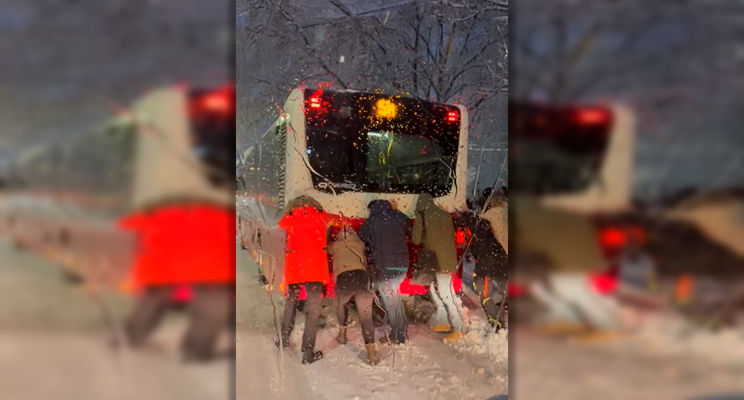 Zahlreiche Wiener versuchten, den Bus aus dem Schnee zu bekommen.