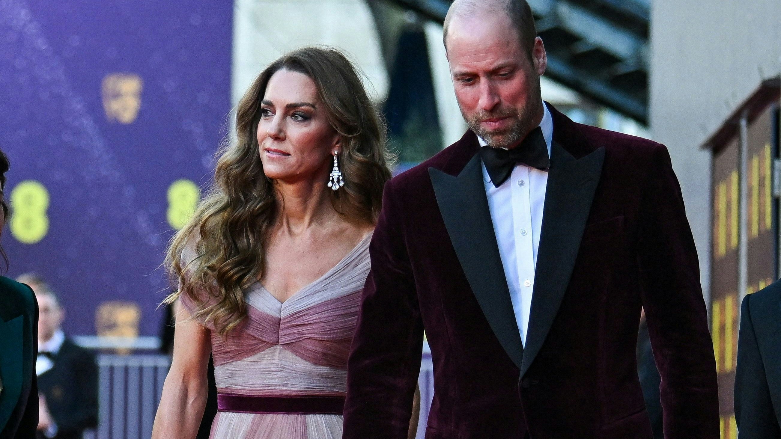 Britain's Catherine, Princess of Wales and Britain's Prince William, Prince of Wales, arrive at the BAFTA British Academy Film Awards at the Royal Festival Hall, Southbank Centre, in London, on February 22, 2026. (Photo by Jaimi Joy / POOL / AFP)