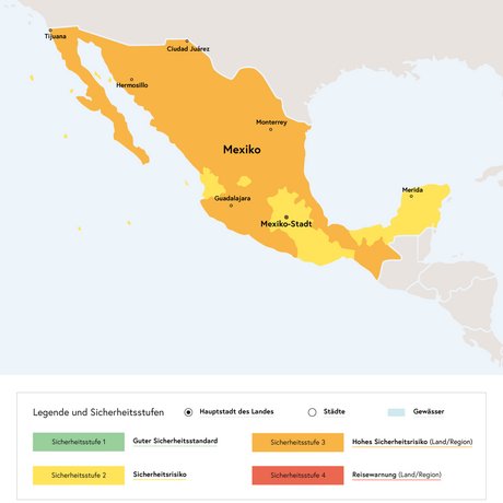 Das Außenministerium hat für Teile Mexikos die Sicherheitsstufe 3 (Hohes Sicherheitsrisiko) ausgerufen.