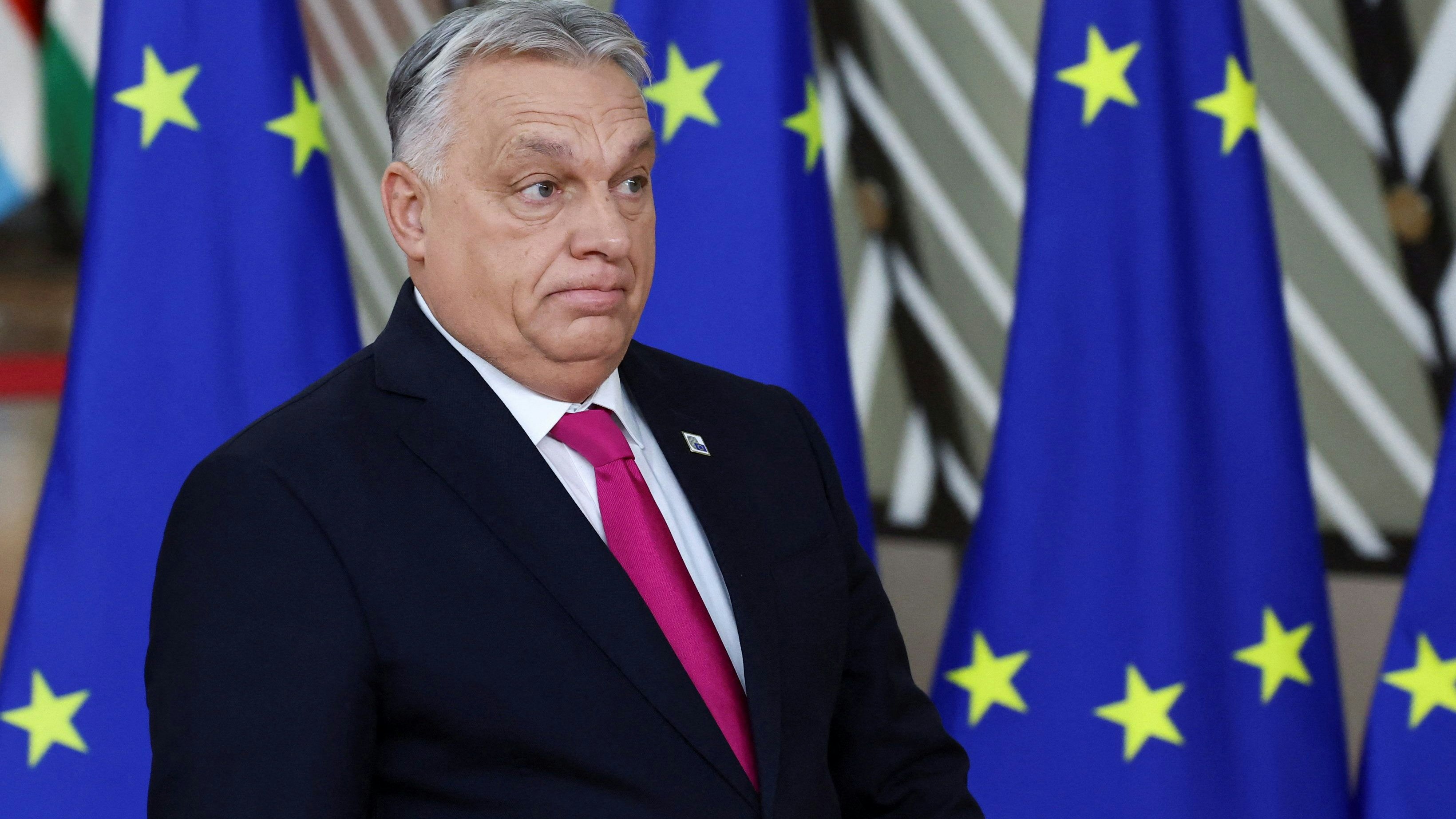Hungarian Prime Minister Viktor Orban looks on as he arrives at a European Union leaders' summit in Brussels, Belgium, December 18, 2025. REUTERS/Yves Herman
