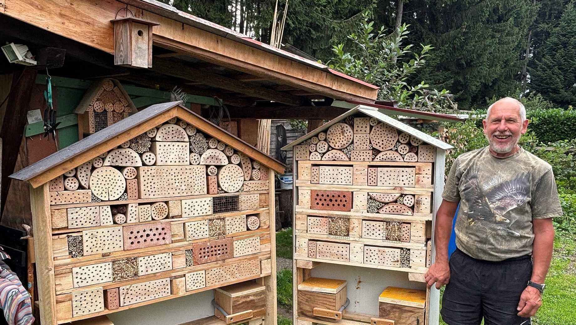 Wegen des Bienensterbens haben Insektenhotels immer mehr Bedeutung. Naturfreund Hans Dorfer baut selbst XXL-Versionen.
