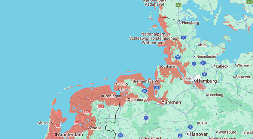 Dem Untergang geweiht: Die roten Gebiete könnten bis zum Jahr 2100 überflutet sein.