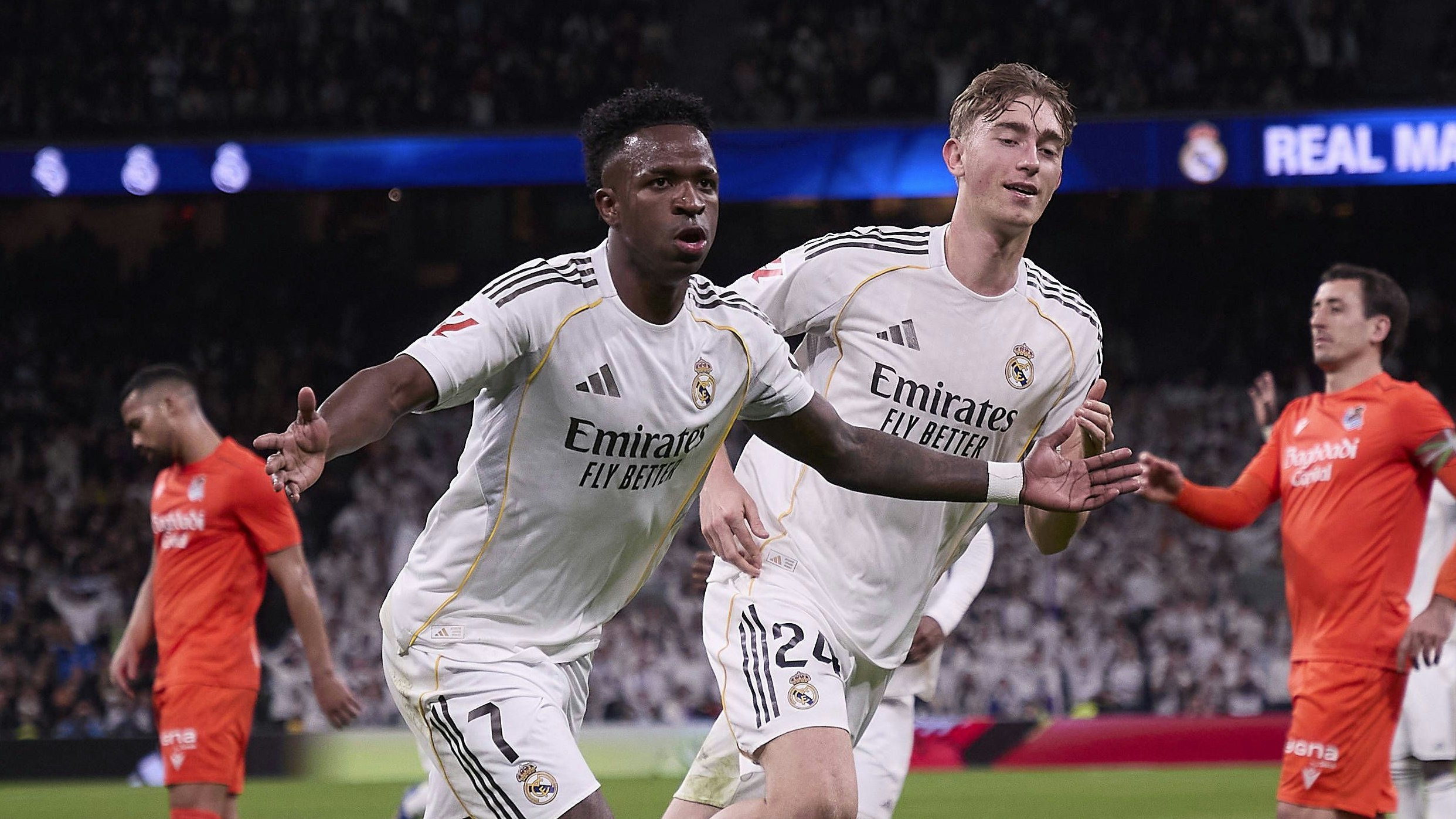 LaLiga EA Sports 2025/2026: Real Madrid CF Vs Real Sociedad in Madrid, Spain - 14 Feb 2026 Vinicius Junior L of Real Madrid CF and Dean Huijsen R of Real Madrid CF celebrate a goal during the LaLiga EA Sports 2025/2026 week 24 football match between Real Madrid CF and Real Sociedad at Santiago Bernabeu Stadium. Final score: Real Madrid CF 4:1 Real Sociedad. Madrid Spain Copyright: xFedericoxTitonex/xSOPAxImagesx FTITONE_021