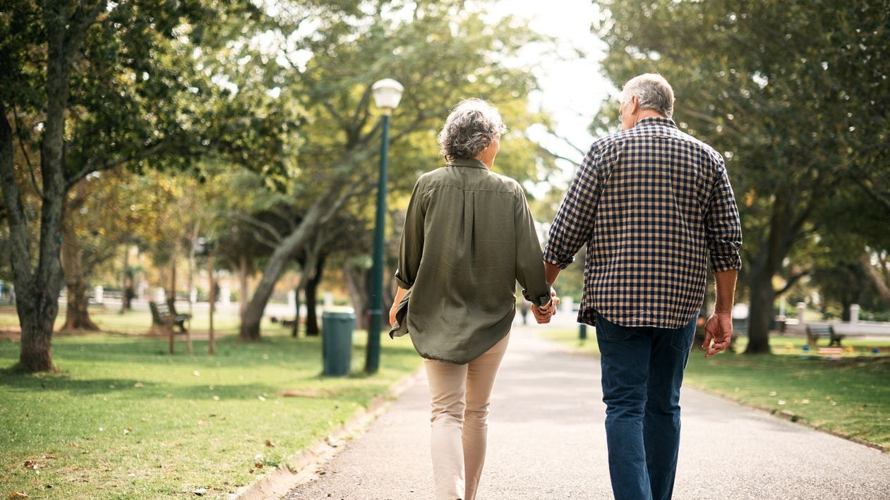 Rearview shot of a senior couple going for a walk in the park
