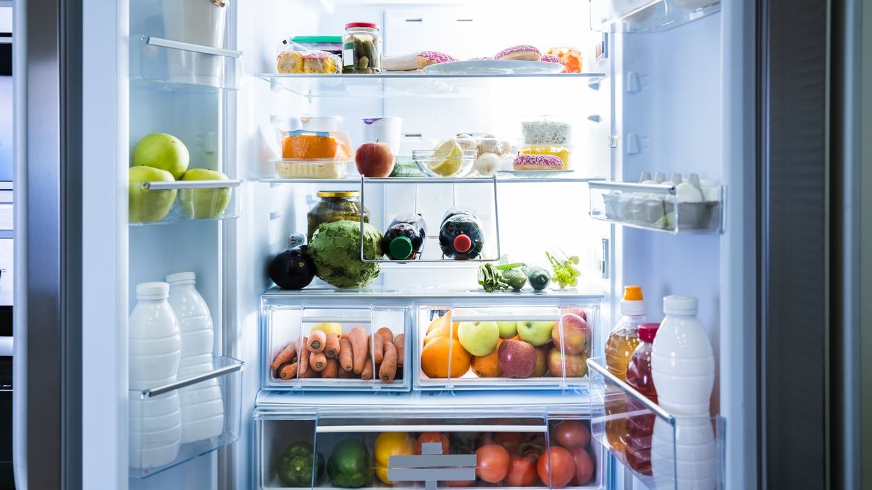 Open Refrigerator Or Fridge Door With Food Inside