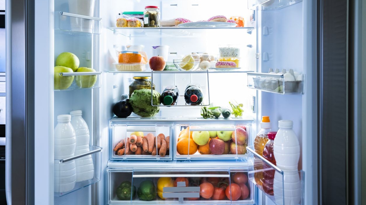 Open Refrigerator Or Fridge Door With Food Inside